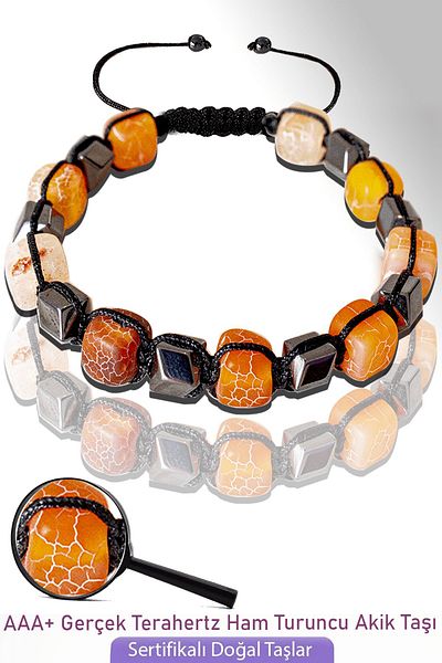 Tesbih Atölyesi Raw Orange Agate Stone Certified Cube Model Bracelet - Adjustable