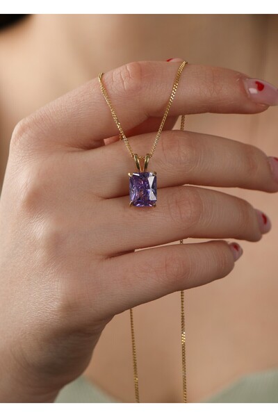 LİNOVE JEWELLERY Ametist Gümüş Kolye 925 Ayar Gümüş Doğum Taş Kolye. Baget Mo...