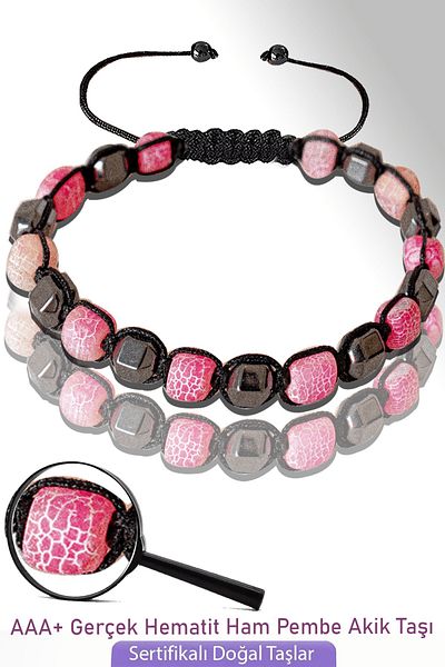 Tesbih Atölyesi Certified Cube Model Raw Pink Agate Stone Bracelet - Adjustable