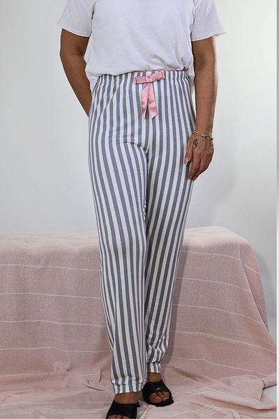 ikontarz Women's Gray Striped Pajama Bottom with Pink Ribbon