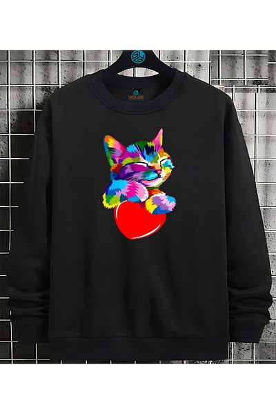 Gölge Store Heart Cat Chest Printed 0 Collar Oversize Unisex Sweatshirt