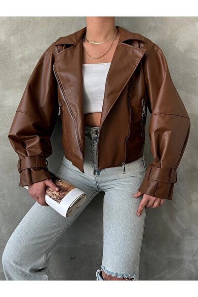 Swana Suni Deri Geniş Kollu Bomber Ceket-Kahverengi