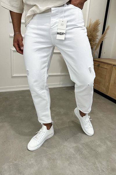 MADZEYMODA Ανδρικό λευκό τζιν Boyfriend με ανάλαφρη λεπτομέρεια