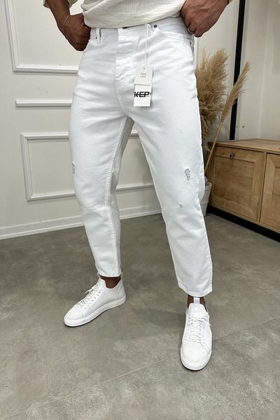 MADZEYMODA Ανδρικό λευκό τζιν Boyfriend με ανάλαφρη λεπτομέρεια