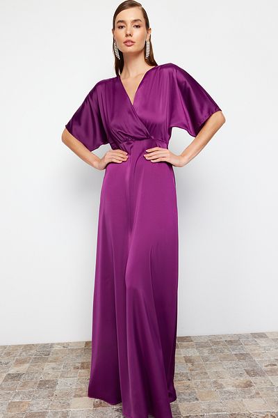 Trendyol Collection Švestkové tkané šaty A-Line Noční promoce Dlouhé elegantní večerní šaty TPRSS24AE00008
