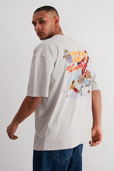 Trendyol Collection Space Printed Grey Oversize T-Shirt - 100% Tuksa TMNSS24TS00085