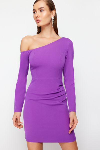 Trendyol Collection TPRAW24EL00083 - Rochie de seara, scurta, eleganta, drapata violet