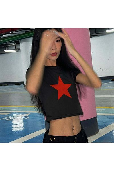 Touz Moda Black Crop - Red Star Printed