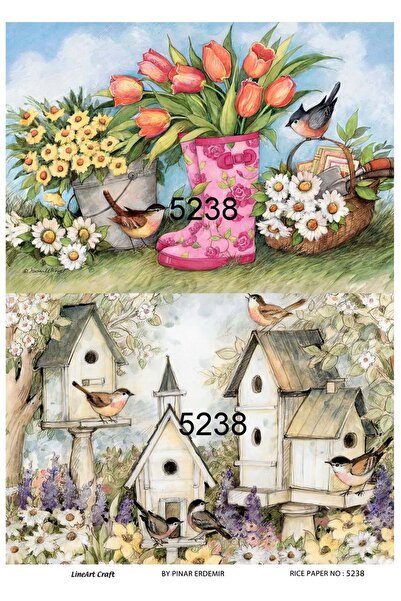 LİNEART 5238 نموذج أحذية المطر وبيوت الطيور بنمط الأزهار مع زخرفة نحاسية - 30x42