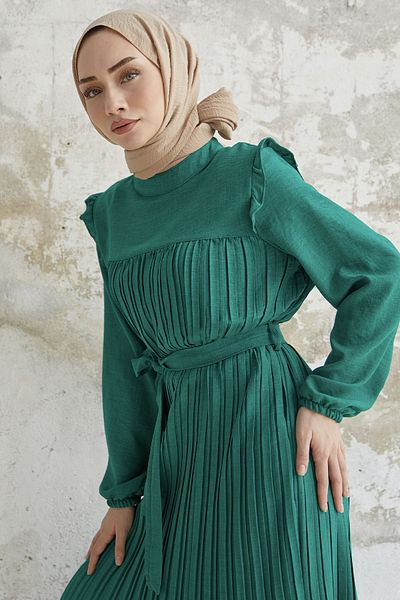InStyle Φόρεμα από λινό πλισέ ώμου Ruffle - Πράσινο