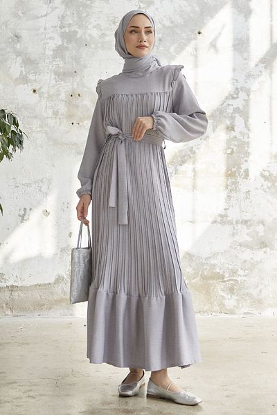 InStyle Φόρεμα από λινό πλισέ ώμου Ruffle - Γκρι