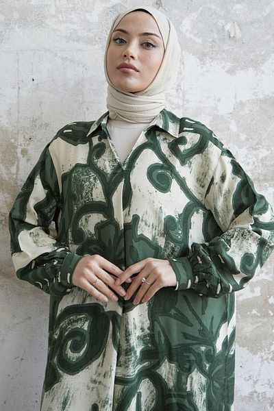 InStyle Shirt Collar Patterned Viscose Dress - Green