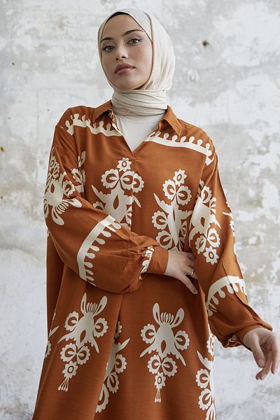 InStyle Patterned Viscose Dress - Camel