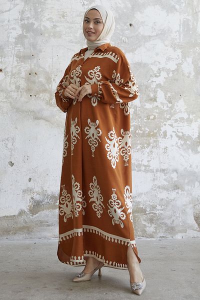 InStyle Patterned Viscose Dress - Camel