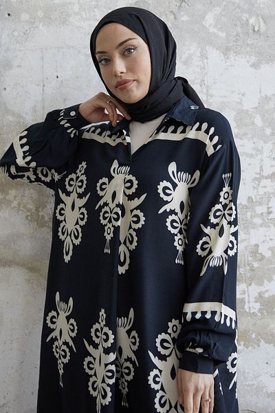 InStyle Patterned Viscose Dress - Black