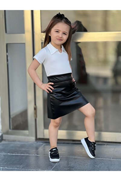 renkli diyar GIRL'S BOTTOM TOP SET LEATHER SKIRT RIBBON DETAIL AND SHORT SLEEVE T-SHIRT