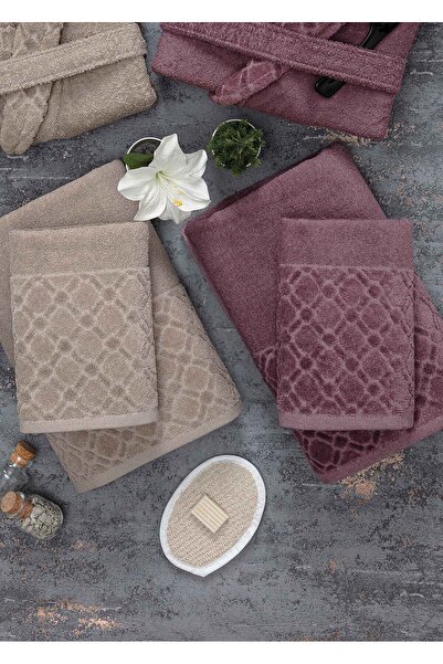 Güvenal Hayal 12 Piece Boxed Jacquard Bathrobe Set| Bathrobe| Towel & Towel Set| Bathroom Dowry Set