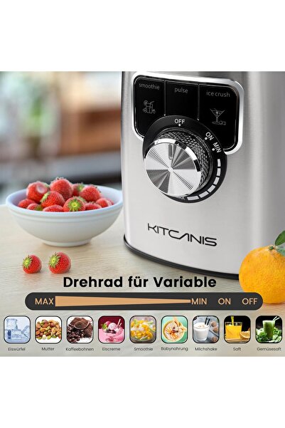 KITCANIS Yüksek Performanslı Blender: 1,8 litrelik cam kapasitesiyle Smoothie mikseri, 3 program