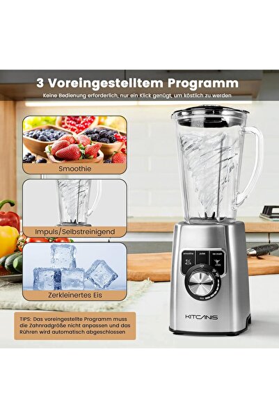 KITCANIS Yüksek Performanslı Blender: 1,8 litrelik cam kapasitesiyle Smoothie mikseri, 3 program