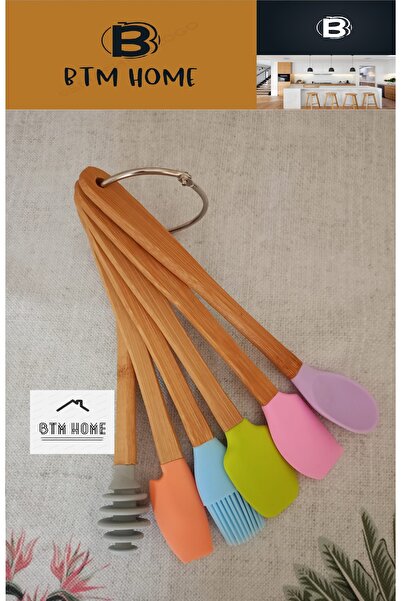 btm home 6 Parça Bambu Saplı Silikon Spatula Mutfak Seti, Tencere Tava Pasta Kek Sıyırma Seti,