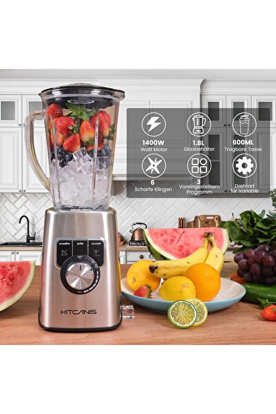 KITCANIS Yüksek Performanslı Blender: 1,8 litrelik cam kapasitesiyle Smoothie mikseri, 3 program