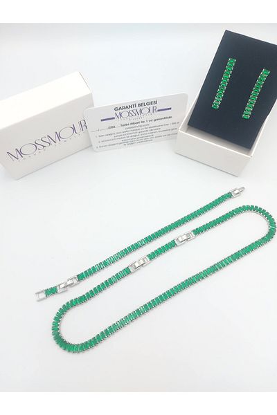 MOSSMOUR Women's Green Zircon Baguette Stone Silver Waterway Necklace Earrings Bracelet Jewelry Set Set