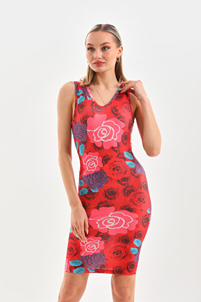 MaxiMor Women's V-Neck Micro Rose Patterned Mini Dress Length 90 CM