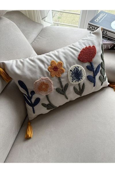 BUGİ HOME COLLECTİON SINGLE PUNCH EMBROIDERED FLOWERY FLOWERS PONCH EMBROIDERED DECORATIVE KIRLENT CASE 35X50
