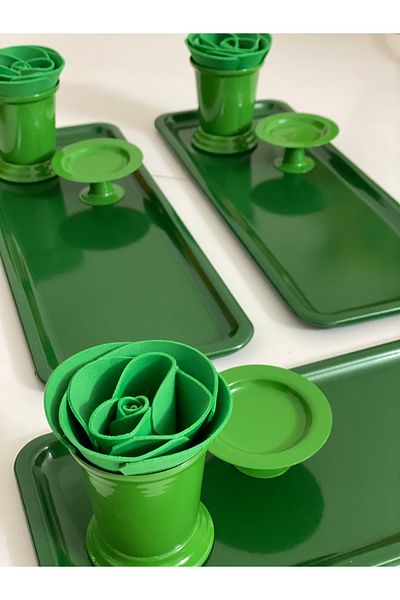 Elzem SET OF 3 GREEN RECTANGULAR TABLE INCLUDES ROSE BUCKET AND PASTA ROSE