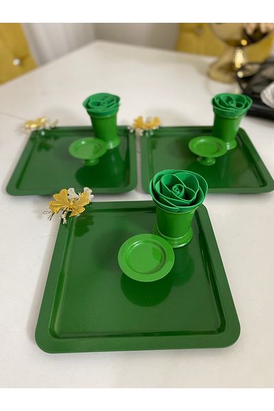 Elzem 3-PIECE GREEN SQUARE TRAY INCLUDING ROSE BUCKET AND MAKARONY ROSE