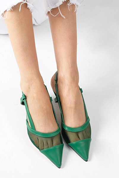 Mio Gusto Diane Green Color Mesh Detailed Open Back Short Heeled Women's Shoes