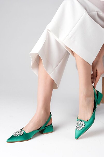 Mio Gusto Claudia Green Color Crystal Stone Buckle Open Back Satin Fabric Women's Low Heel Shoes