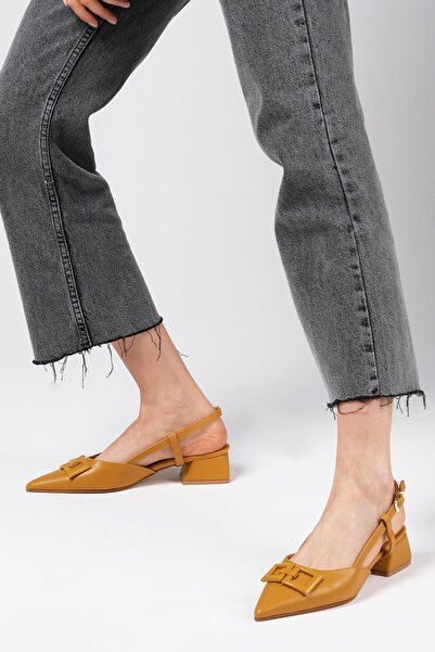 Mio Gusto Alyssa Mustard Color Open Back Side Buckle Short Heeled Women's Shoes