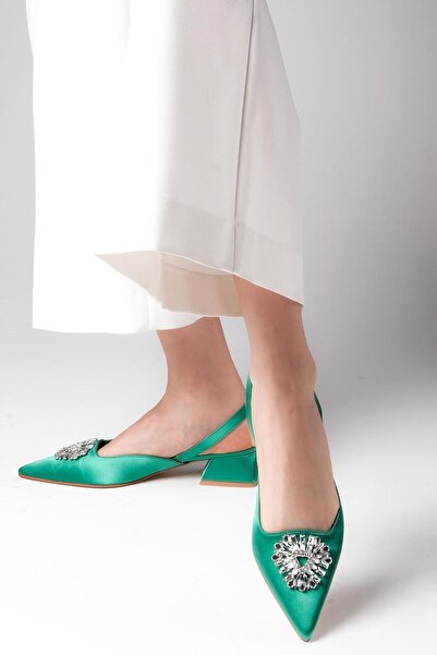 Mio Gusto Claudia Green Color Crystal Stone Buckle Open Back Satin Fabric Women's Low Heel Shoes