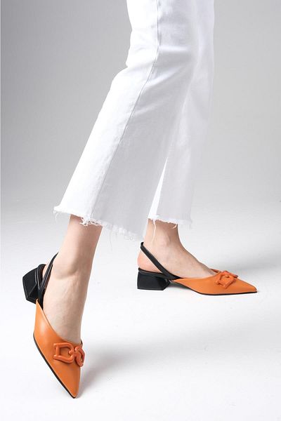 Mio Gusto Selina Orange Color Open Back Buckle Accessory Short Heeled Women's Shoes