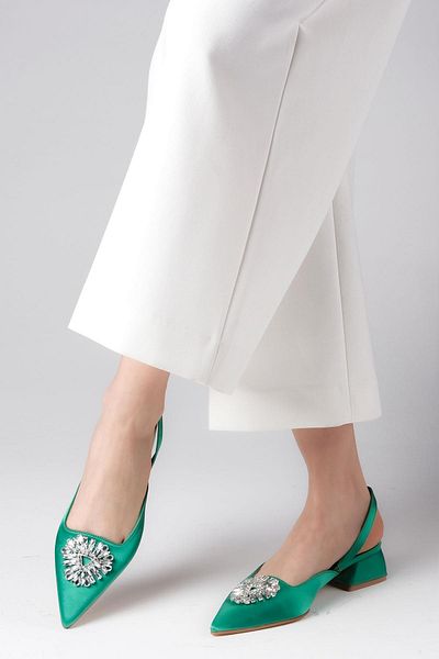 Mio Gusto Claudia Green Color Crystal Stone Buckle Open Back Satin Fabric Women's Low Heel Shoes