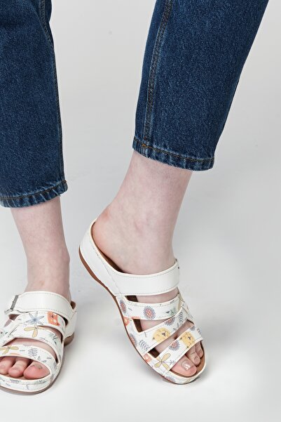 Fatex Cat Patterned Buckle Ecru Women's Daily Summer Slippers