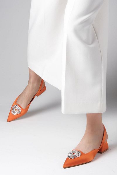 Mio Gusto Claudia Orange Color Crystal Stone Buckle Open Back Satin Fabric Women's Low Heel Shoes