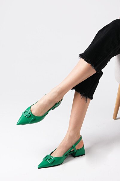 Mio Gusto Alyssa Green Color Open Back Side Buckle Short Heeled Women's Shoes