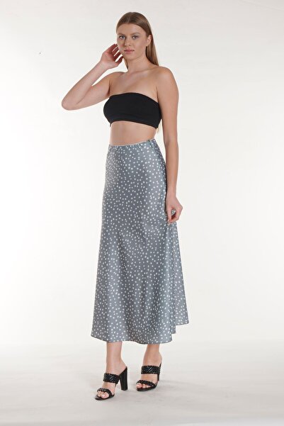 SOLİLDE Fusta lungă din satin cu buline albastre