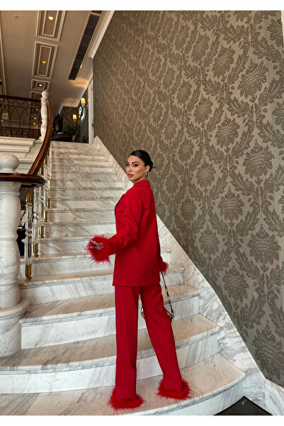 LOVEOFZI Women's Red Tasseled Trousers & Jacket Set