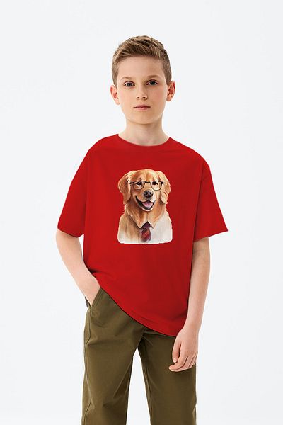 ADABEBEK Tricou băiat cu imprimeu cățeluș zâmbitor de aur cu ochelari