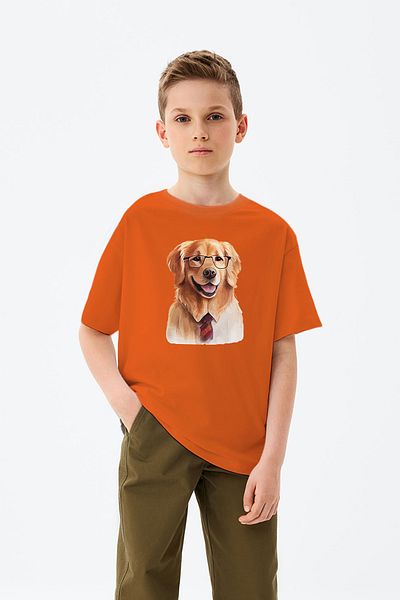 ADABEBEK Tricou băiat cu imprimeu cățeluș zâmbitor de aur cu ochelari
