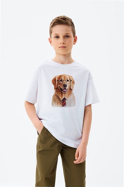 ADABEBEK Tricou băiat cu imprimeu cățeluș zâmbitor de aur cu ochelari