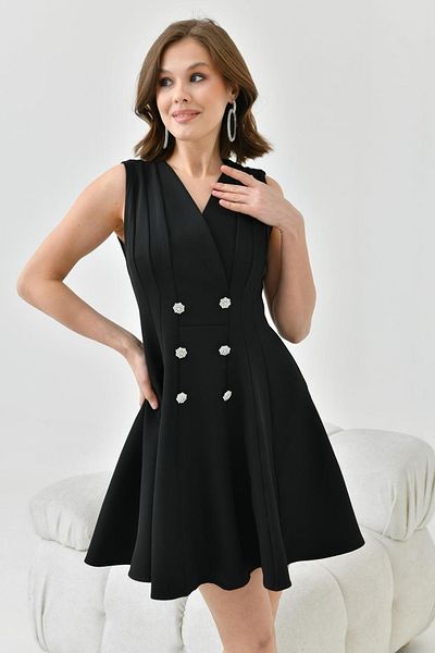 bayansepeti Atlas Fabric Flared Cut Button Detail Double Breasted Collar Black Evening Dress Homecoming Dress 9347