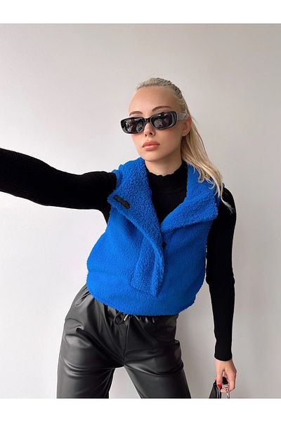 MAMAYAGA Vestă de pluș Saks cu glugă pentru femei, cu design de buzunar
