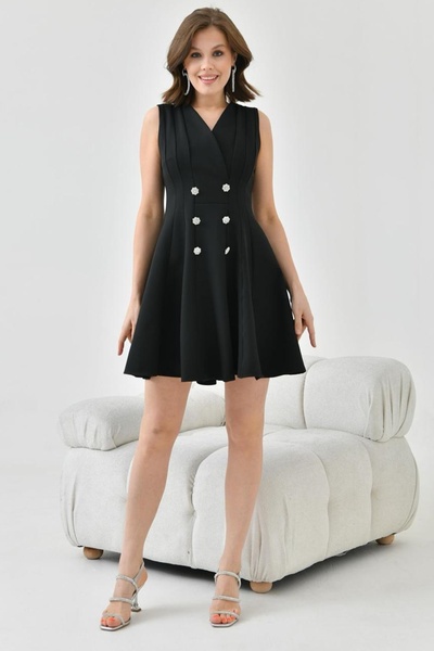 lovebox Atlas Kumaş Kloş Kesim Düğme Detaylı Kruvaze Yaka Siyah Abiye Elbise Mezuniyet Elbisesi 9347