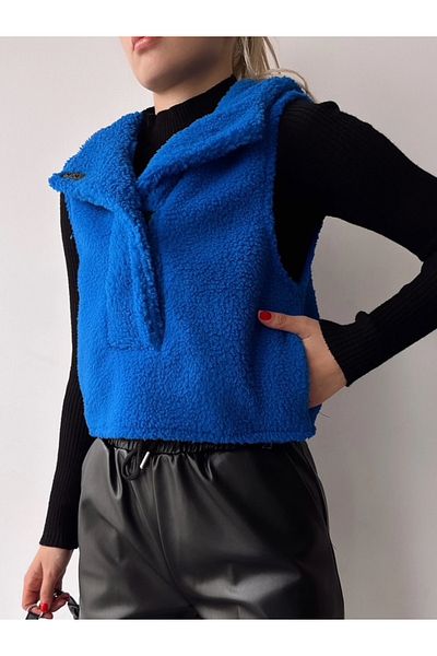 MAMAYAGA Vestă de pluș Saks cu glugă pentru femei, cu design de buzunar