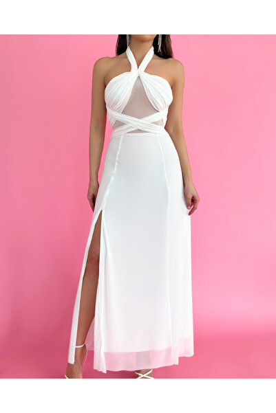 ESRAHELVACI Λευκό φόρεμα σχεδιαστή Halterneck