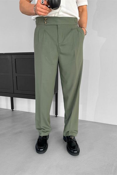 MADZEYMODA Ανδρικό φαρδύ παντελόνι με πλαϊνή πόρπη με λεπτομέρεια πλισέ πράσινο